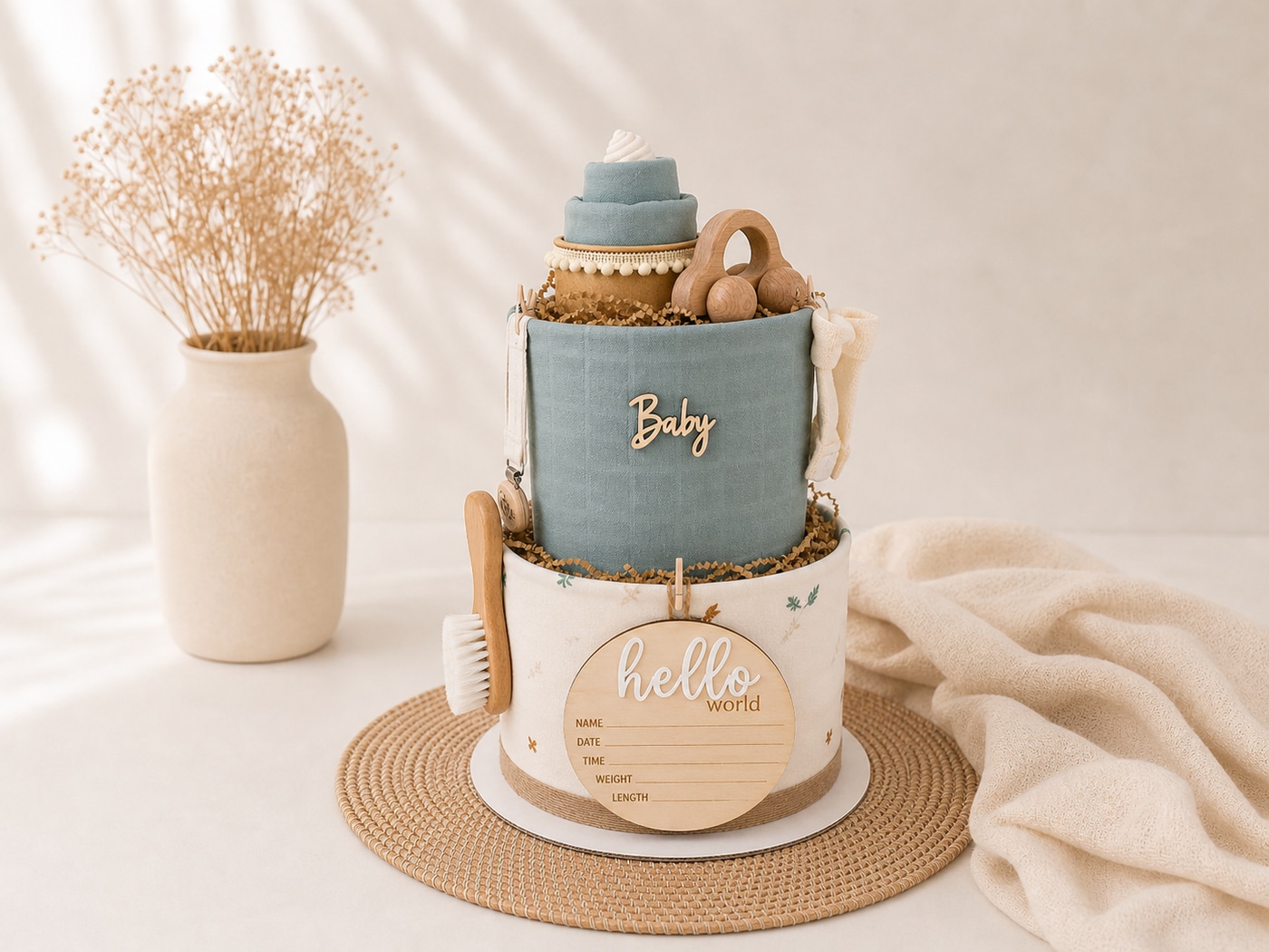 Γαλάζιο diaper cake Little Whale με φυσικές λεπτομέρειες
