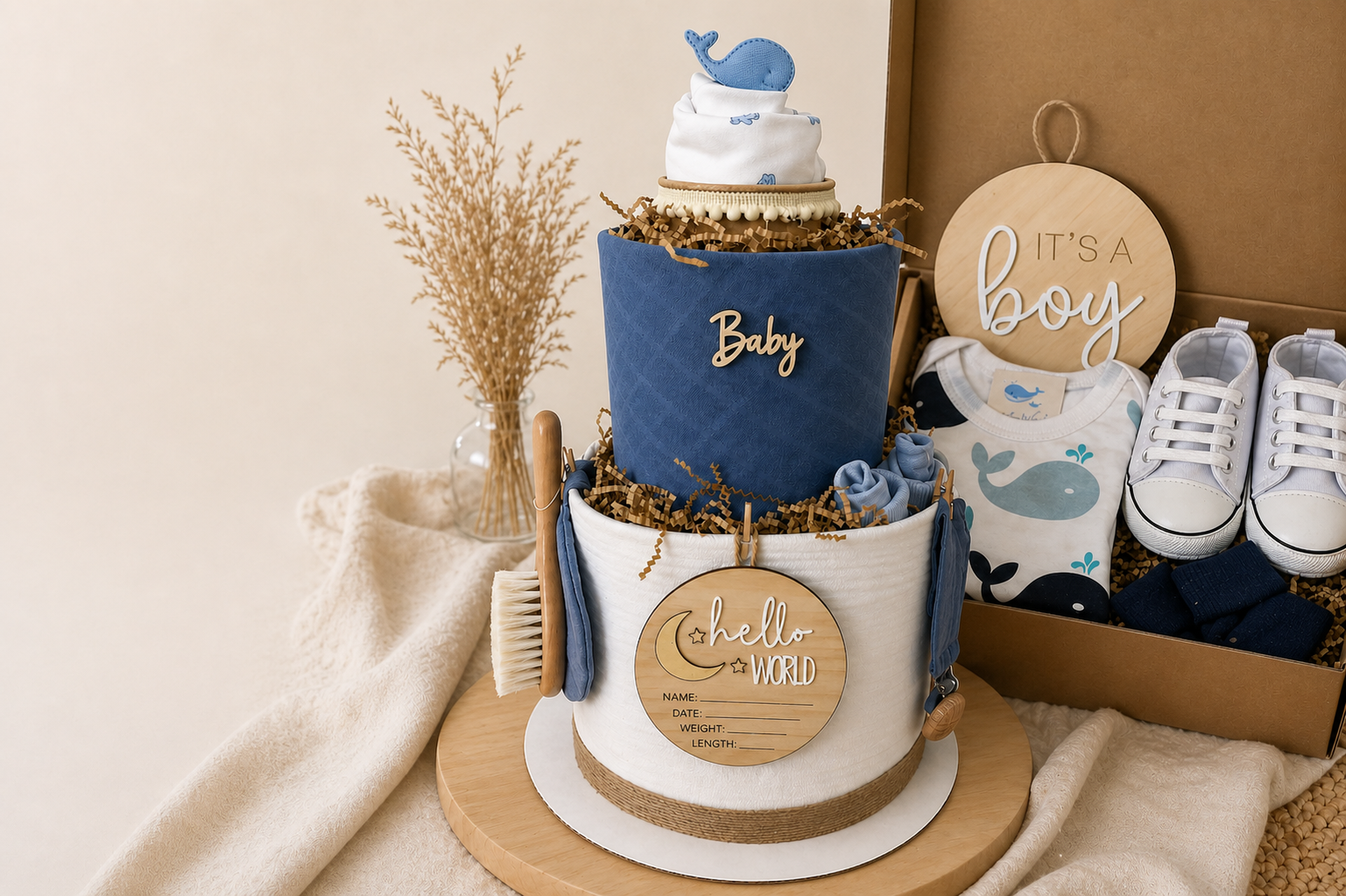 Σετ δώρου για νεογέννητο με diaper cake, βρεφικά ρούχα, αξεσουάρ και κουτί δώρου σε μπλε αποχρώσεις