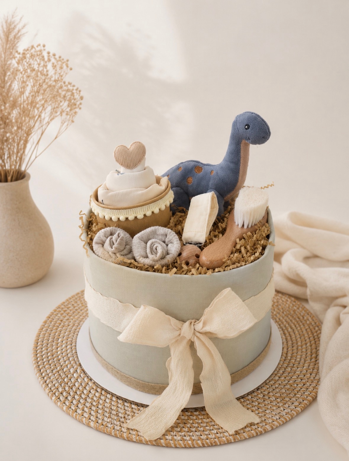 Diaper cake σε απαλό sage με δεινοσαυράκι και βρεφικά αξεσουάρ