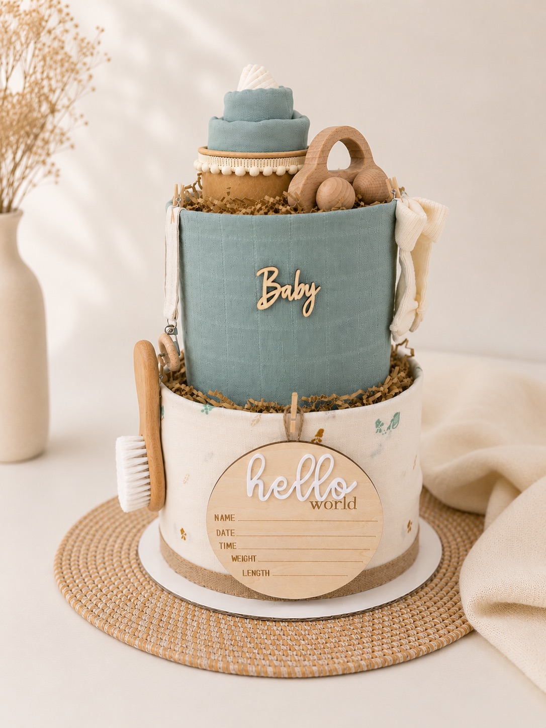 Diaper cake σε γαλάζιες αποχρώσεις με ξύλινο αναμνηστικό hello world
