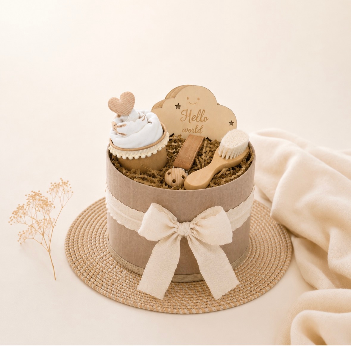 Premium diaper cake σε φυσικούς μπεζ τόνους με φιόγκο