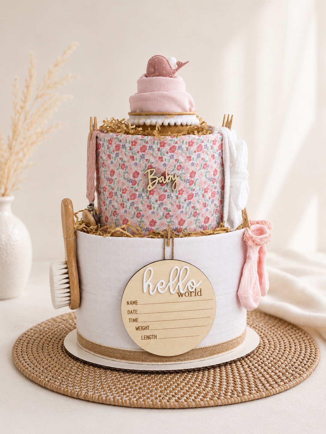 Diaper cake σε ροζ floral αποχρώσεις με ξύλινο αναμνηστικό